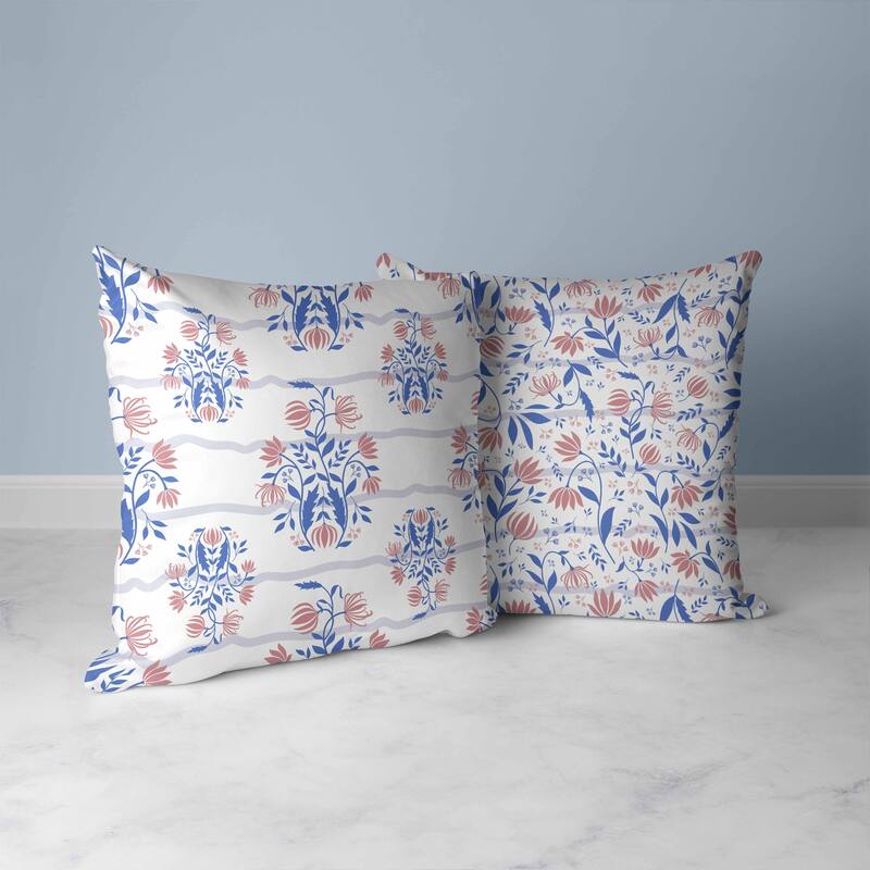 Sophisticated Floral Faux Suede Reversible Throw Pillow Blue and Pink
