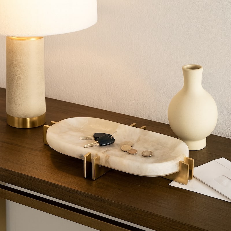 Quartz Accent Tray with Metal Base - Home Decor - 14", White & Gold - 13.5"