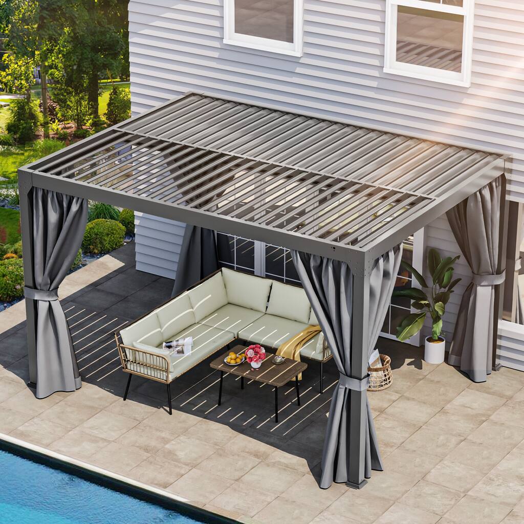 10x13 ft Outdoor Louvered Pergola Patio Gazebo with Curtain and Netting