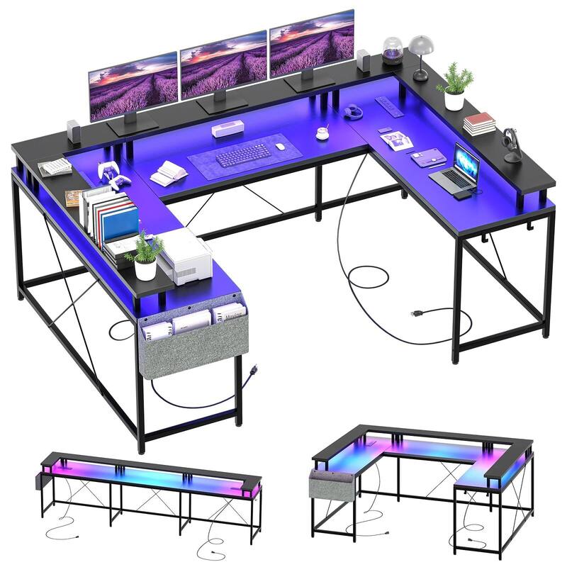 U Shaped Desk, 126 Inch Gaming Desk with Monitor Stand and LED Lights - Pink