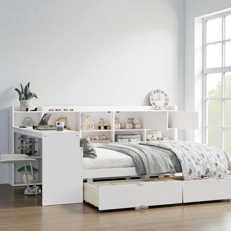 Wooden L-Shaped Daybed with Study Desk, Bookshelf, 7 Storage Cabinets and 2 Drawers, Multi-Functional Space-Saving Bed