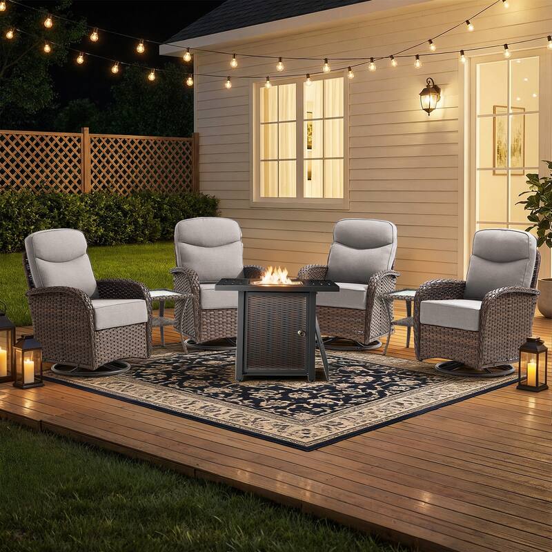 Pocassy Outdoor Sofa Swivel Chair and Ottman with Fire Pit Table - Brown Wicker Beige Cushion - 7PCS Swivel Chiar w/ Square Fire Table