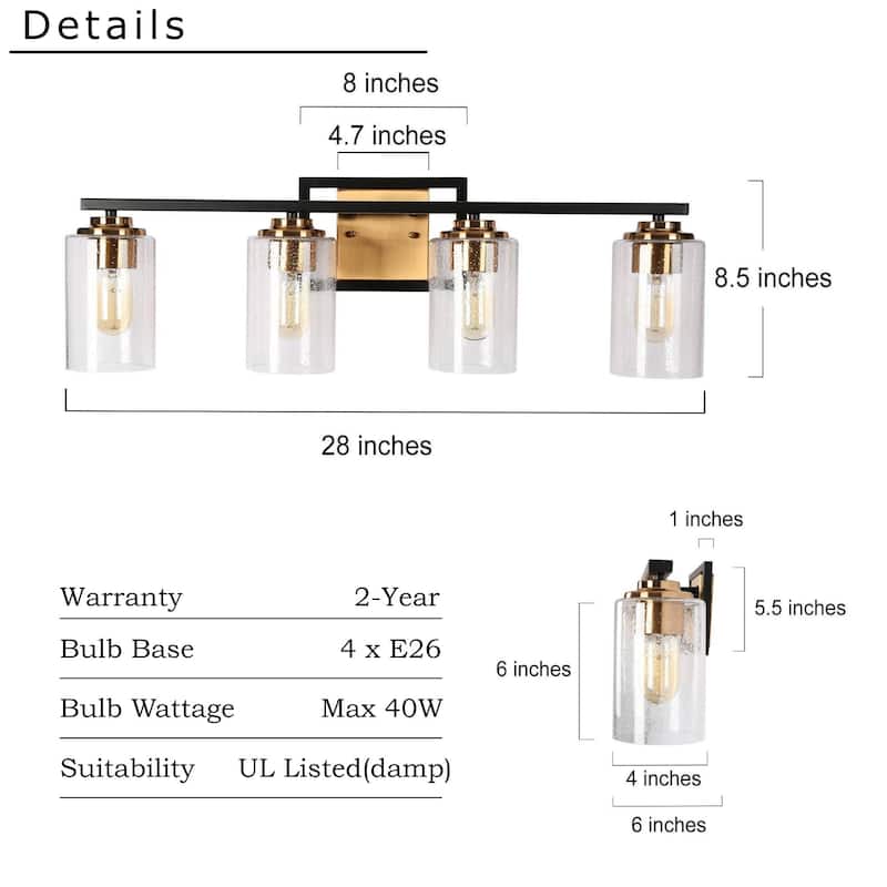 Modern Black Gold 3-Light Bathroom Vanity Lights Wall Lighting with Seeded Glass Shade