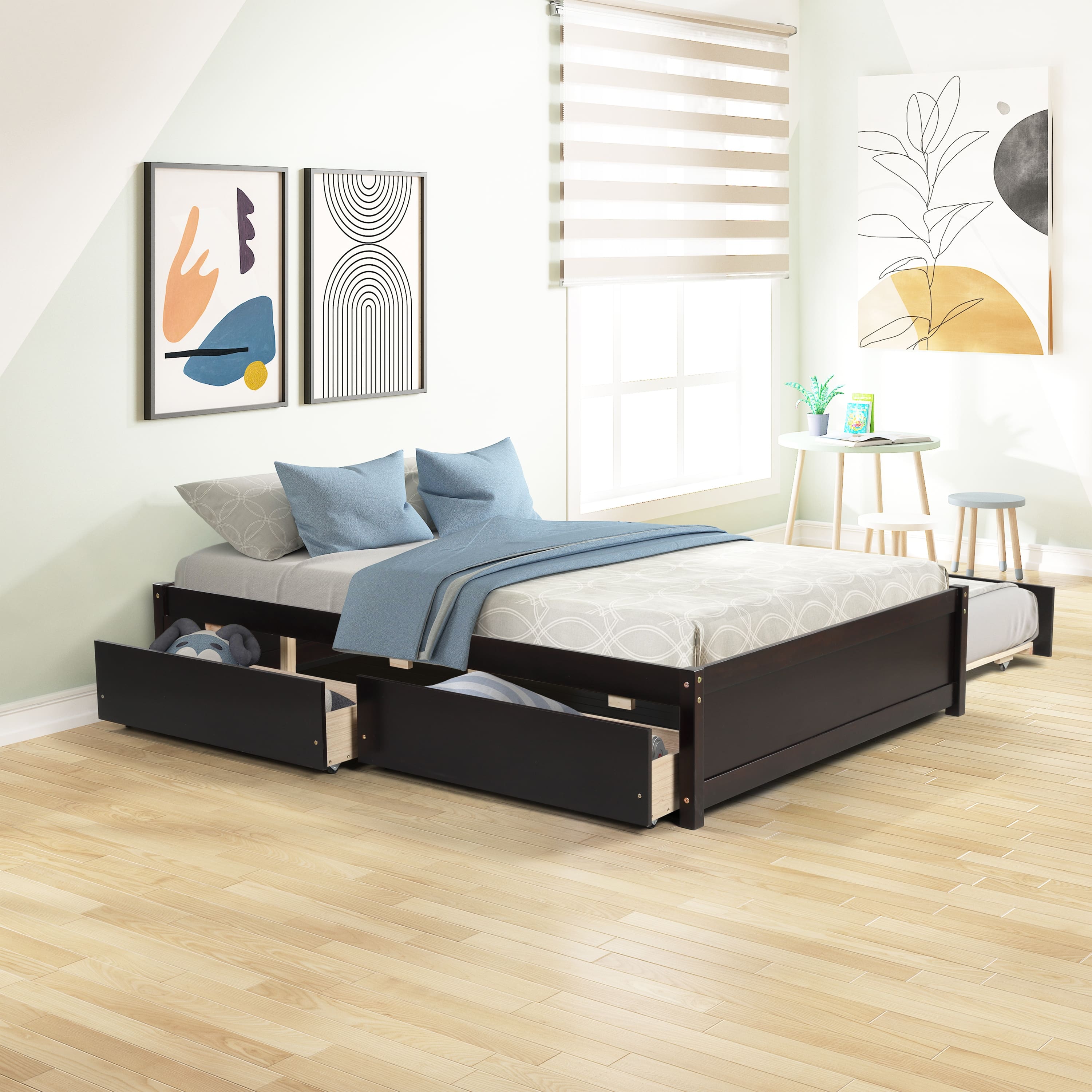 Full Bed Durable Pine Wood Platform Bed with Twin Trundle and 2 Drawers