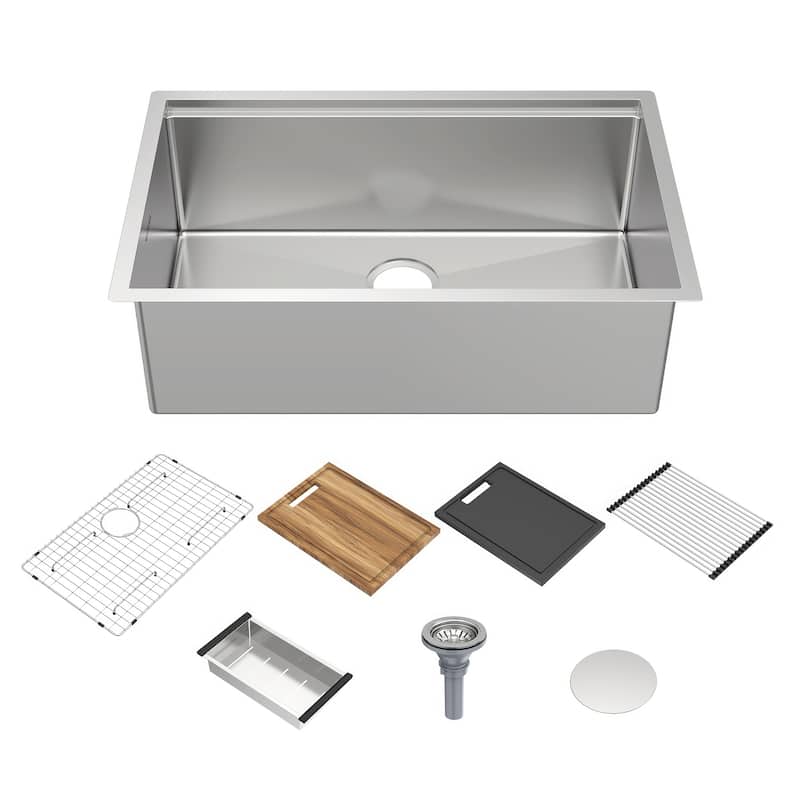 Whitehaus Undermount Single Bowl 16 Gauge Brushed Stainless Steel Workstation Sink With Accessories - 30 x 19