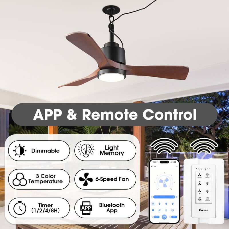 Vaczon 42" Classic Walnut Waterproof Wet Outdoor Smart Ceiling Fan with Light and Remote, App Control