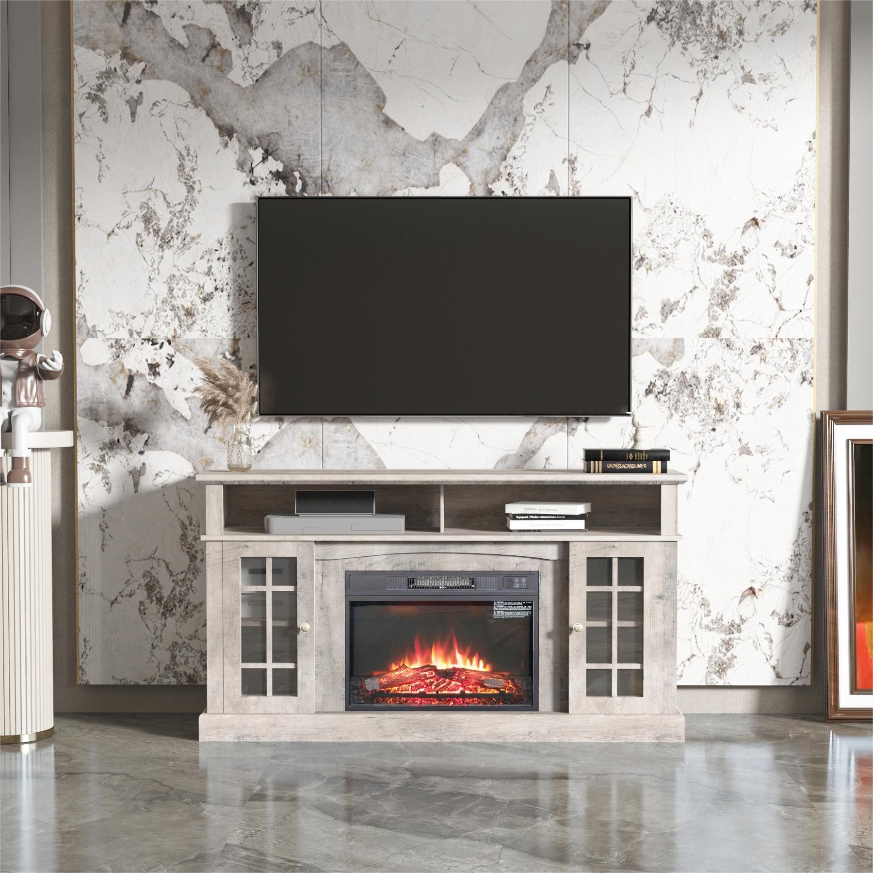 Rustic grey tv on sale stand with fireplace