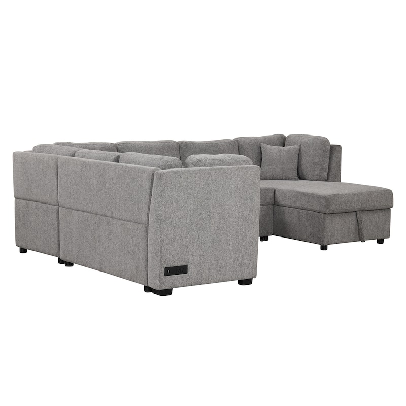 Roomfitters U-Shaped Sectional Sofa Pull-Out Bed with USB Ports, Power Sockets, Three Back Pillows, and Storage Chaise