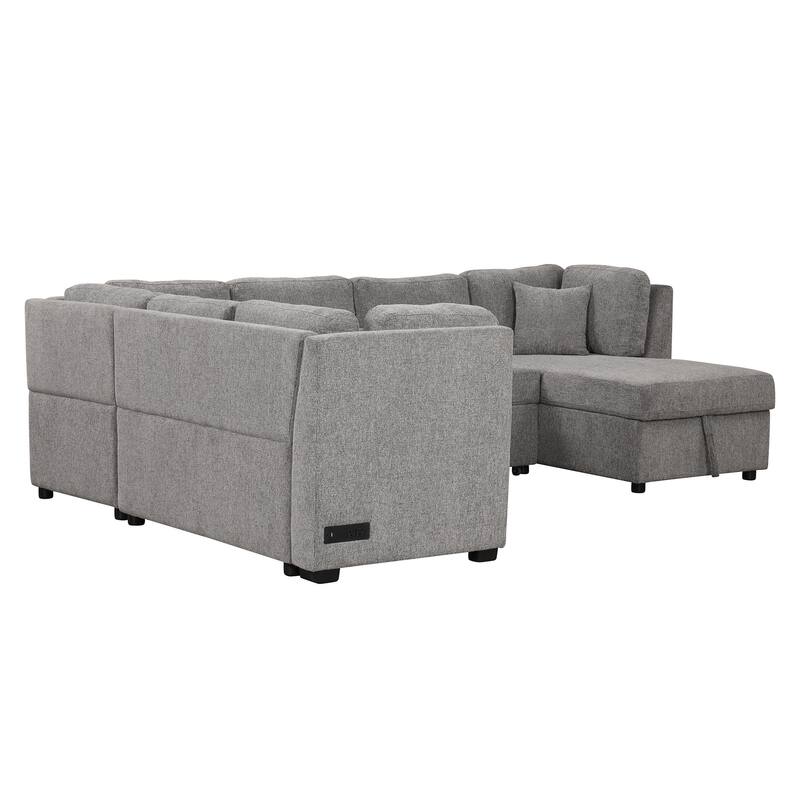 U-shaped Sectional Sofa Pull out Sofa Bed with Two USB Ports, Two Power Sockets, Three Back Pillows and a Storage Chaise
