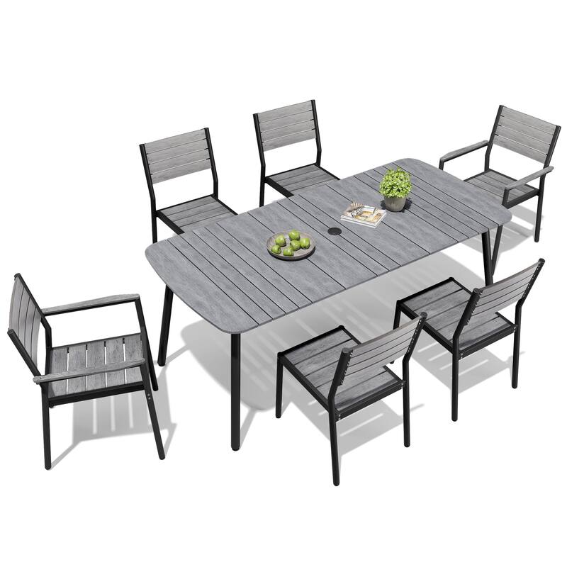 Outdoor 7/9-Piece Patio Dining Set Rectangular Dining Table with Stackable Chairs - Grey - Set of 7 - 70.9 inches
