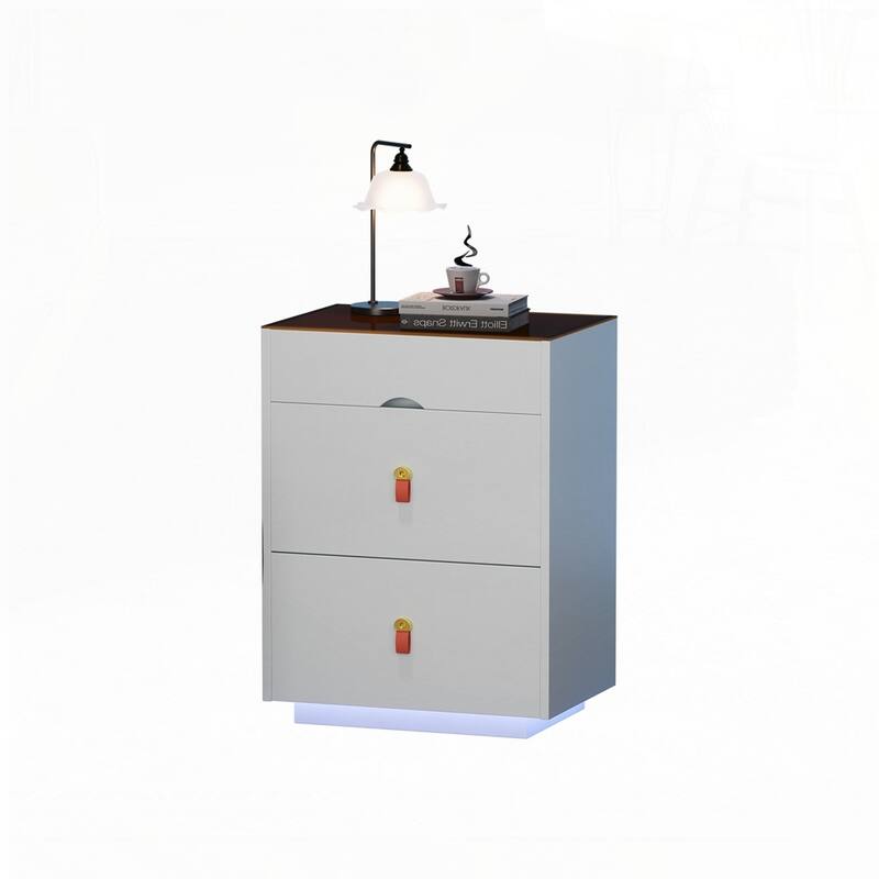 3 Storage Drawers Nightstand with Glass Top Jewelry Storage and Faux Leather Handles