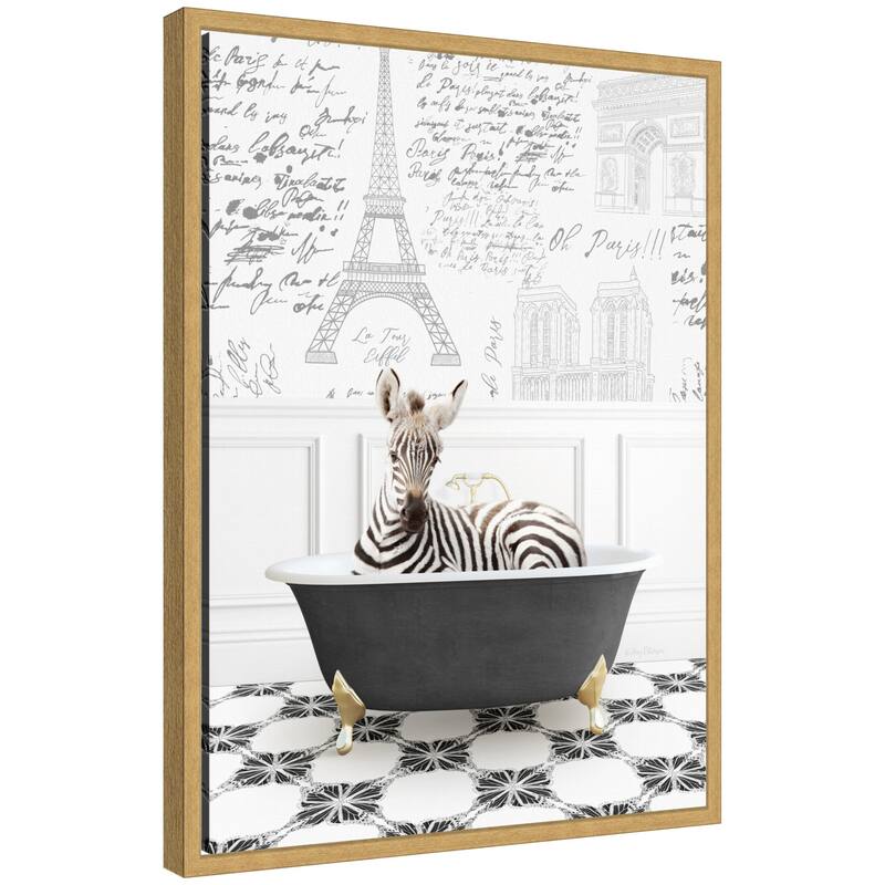 Kate and Laurel Sylvie Baby Zebra in Paris Bathtub Framed Canvas by Amy Peterson - Yellow