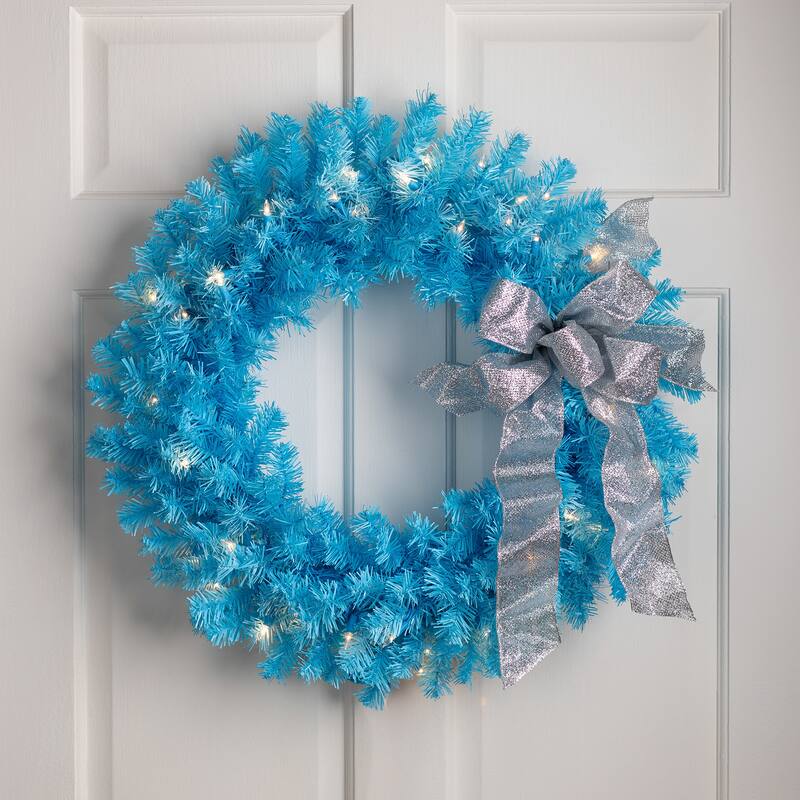 Pre-Lit Artificial Pine Christmas Wreath - 24" - Sky Blue - Clear Lights