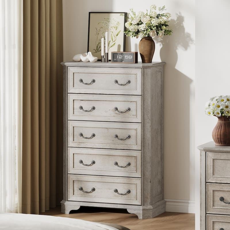 Vintage 5 Drawers Dresser, Bedroom Storage Cabinet, Dressers Organizer - Light Rustic Oak