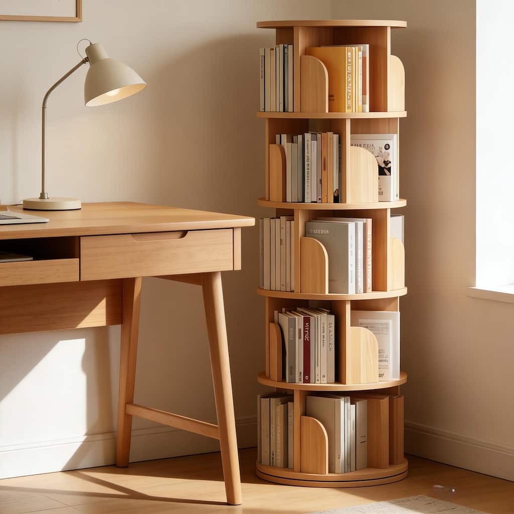 Rotating Bookshelf, 360 Display 5 Tier, Floor Standing Bookcase Storage Rack, Wood Narrow Book Shelf Organizer