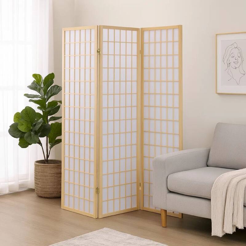 3 Panel Foldable Wooden Frame Room Divider with Grid Design, Brown