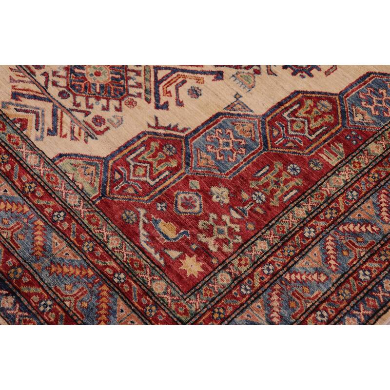Southwestern Super Kazak Romeo Beige/Blue Hand Knotted Wool Rug - 5'5'' x 8'1''