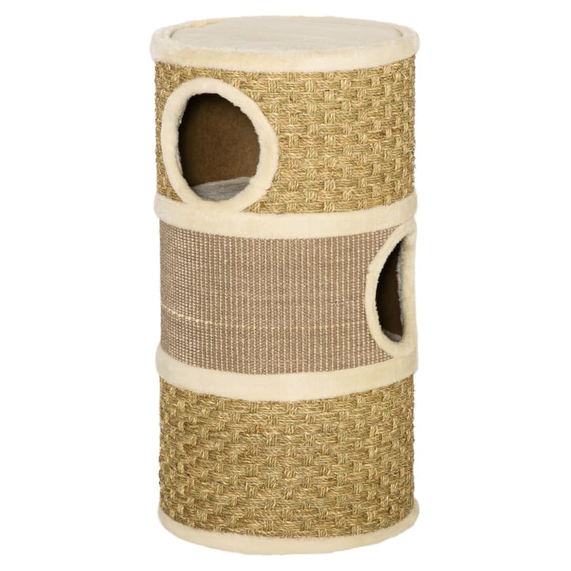 PawHut 28 Inch Cat Condo, 3 Story Cat Hideaway with Sisal Scratching Pad, Barrel Shaped Small Cat Tree for Indoor Cats