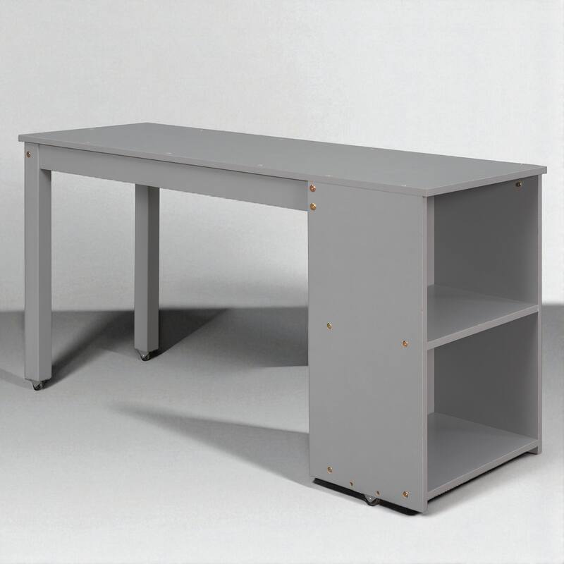 Twin/Full Size Low Loft Bed with Cabinet, Rolling Desk and Bookshelf, Solid Wood Frame for Kids