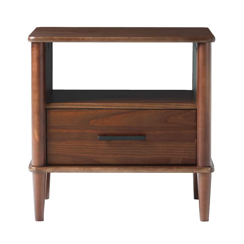 Classic Wooden Nightstand, Sofa Side Table with 1 Drawer, Decorative Table with Open Partition and Solid Wood Legs
