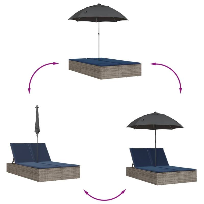 vidaXL Patio Double Sun Lounger&Cushions&Parasol Poly Rattan Brown/Gray/Black - 78.7" x 64.6" x 69.3"