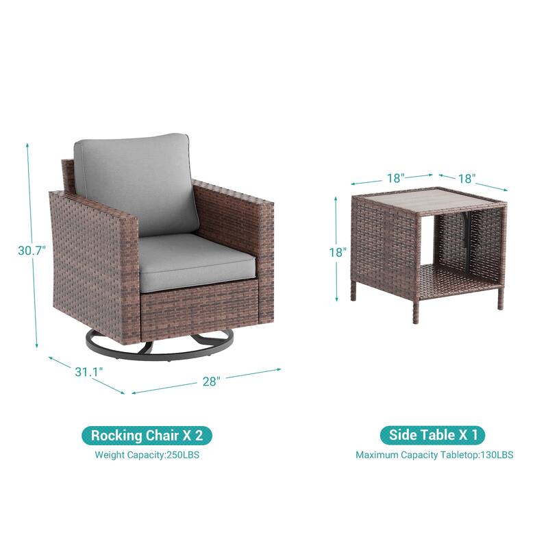 BONOSUKI 3Pcs Patio Swivel Rocking Sofa Set Brown Rattan w/Side Table