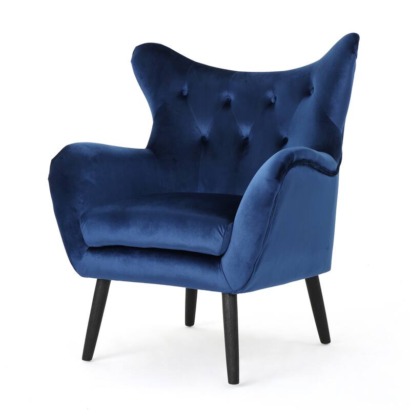Modern 34.25" Velvet Upholstered Button Tufted Wingback Arm Chair with Curved Wingback and Wood Frame