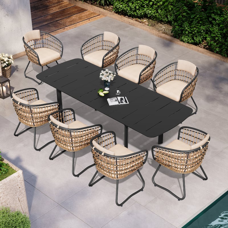 7/9PC Outdoor Aluminum Expandable Patio Dining Sets Extension Table with Rattan Chair - Table-Black&Chair-Beige-9PC