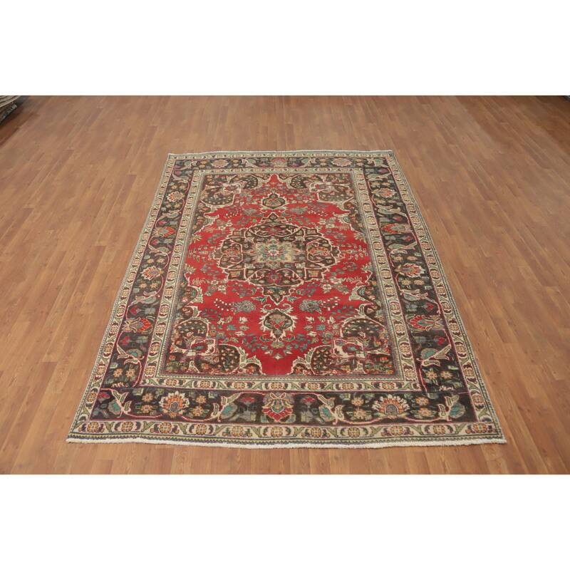 Hand Knotted Oriental 100% Wool Carpet Traditional Floral Red Tabriz Area Rug - 9' 4'' X 6' 5''