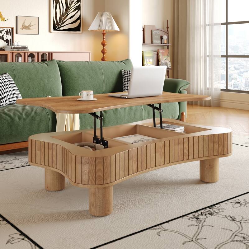 Lift Top Coffee Table 42" - Fluted Panel Hidden Storage, Silent Hydraulic Lift, Curved Safety Corners,5 Min Assembly