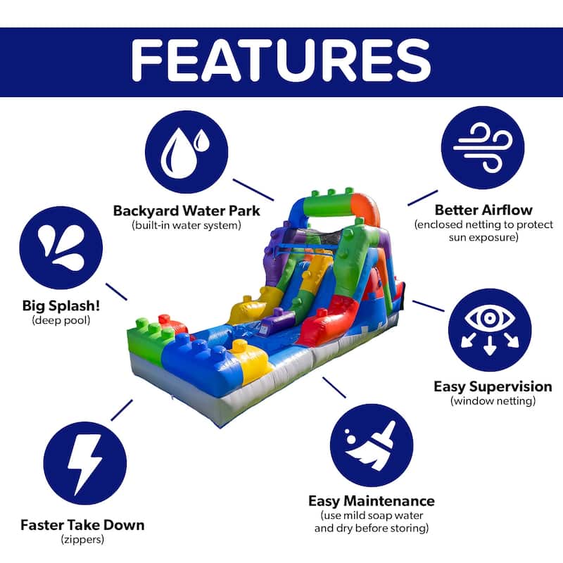 HeroKiddo 12 FT Block Party Dual Lane Backload Inflatable Water Slide with Attached Pool & Air Blower, Commercial Grade, Outdoor