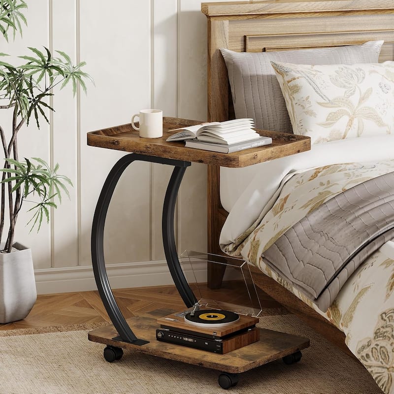 2-Tier C-Shaped Side Table with Wheels, Industrial End Bedside Snack Couch Table with Metal Frame