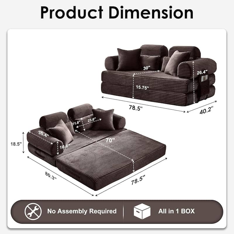 Convertible Sleeper Sofa Bed, 78.5" Corduroy Foldable Loveseat Sofa, King Size Floor Mattress Couch, No Assembly Required