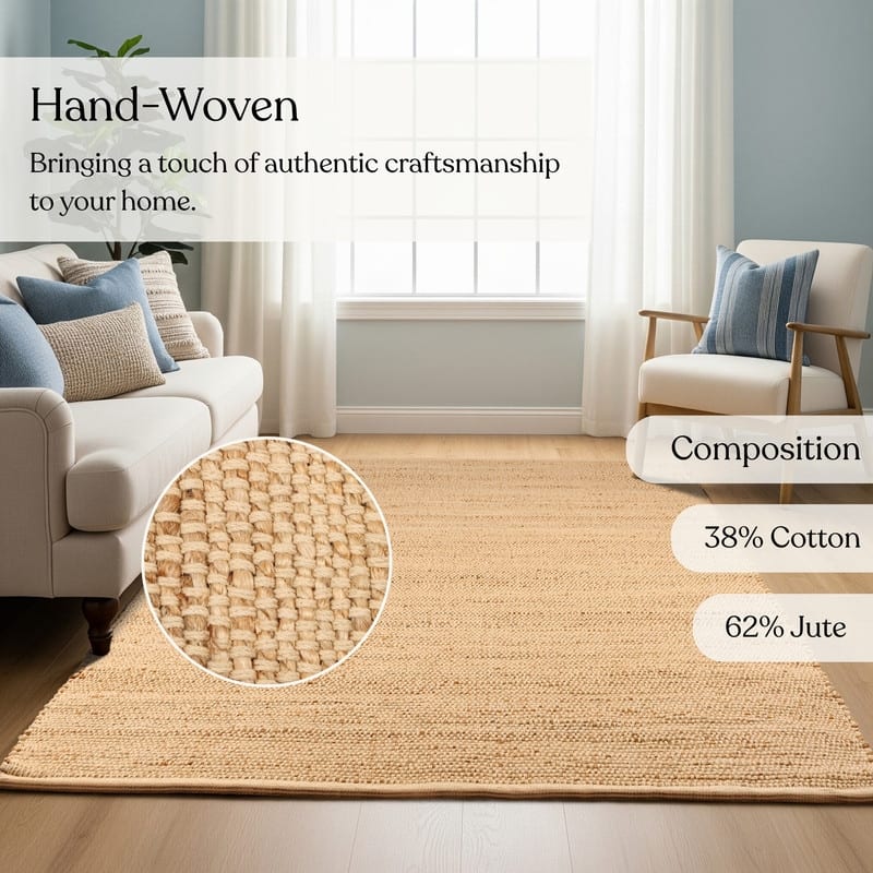 Delara Handwoven Natural Jute and Cotton Area Rug, Farmhouse Accent Rug for Living Room, Bedroom, Entryway, Flatweave