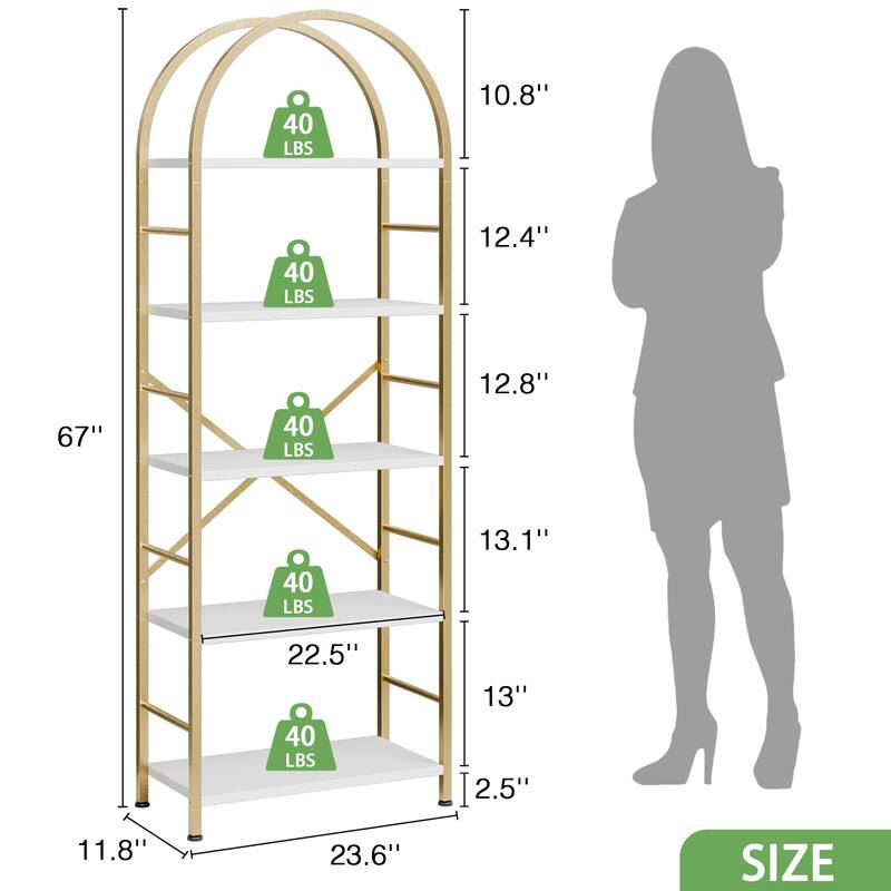 Futzca 5 Tiers Bookshelf Arched, Wooden Bookcase Display Rack
