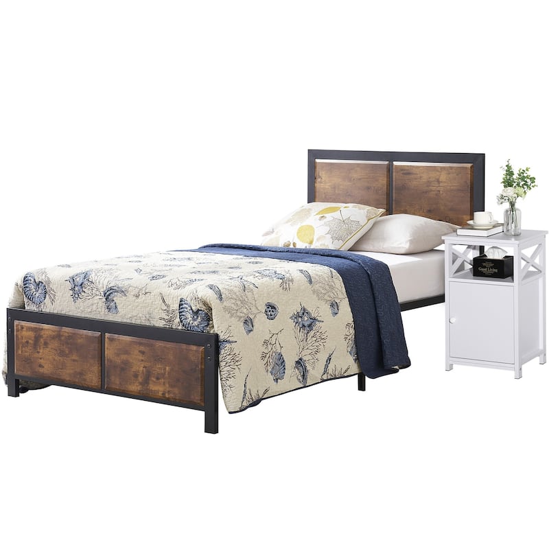 Taomika Industrial 3-pieces Bed with Wood Headboard and Nightstand Set