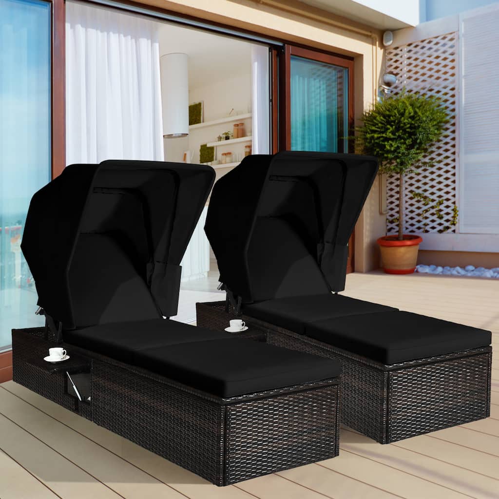 Gymax Set of 2 Rattan Patio Chaise Lounge Chair W/ Adjustable Canopy