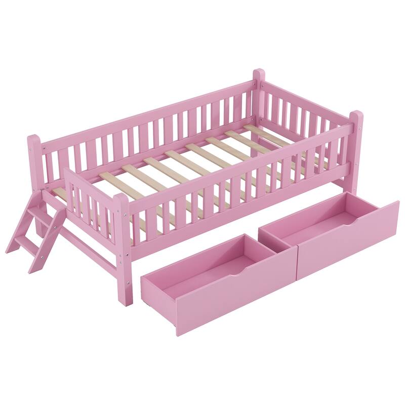 Wood Low Loft Bed Storage Platform Bed with Guardrail and 2 Drawers