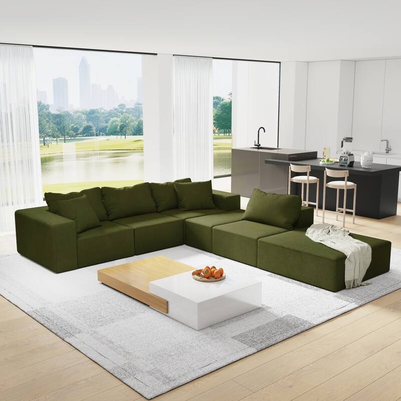 Floor Upholstered Sectional Sofa Modular L Shaped Couch Set with 6 Pillows and Ottomans, Living Room Sleeper Sofa Bed