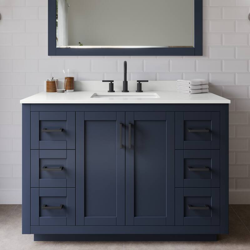 Wyndham Collection WCF292948S-QTZ-US3M46 Miranda 48" Free Standing - Dark Blue / White Quartz Top / Matte Black
