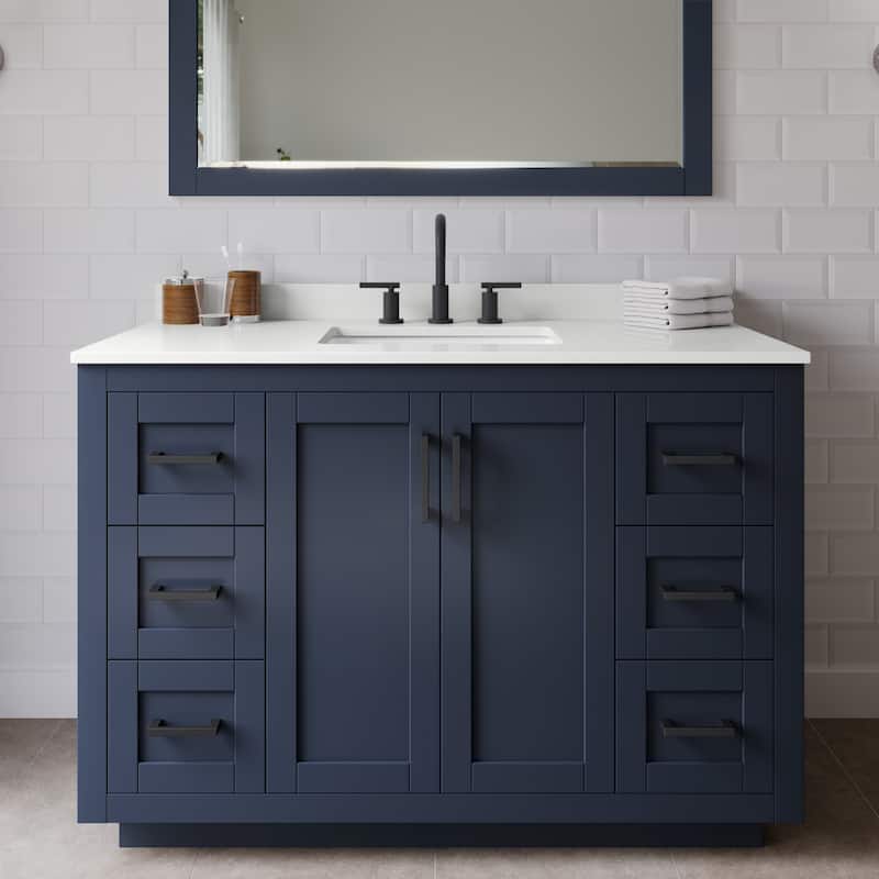 Wyndham Collection WCF292948S-QTZ-US3MXX Miranda 48" Free Standing - Dark Blue / White Quartz Top / Matte Black