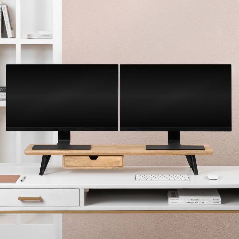 Jani Wood Monitor Stand Riser Desk - Ergonomic Design Stand, Desktop Organizer Table for Home, Office Workspace, Gaming Desk - Yellow