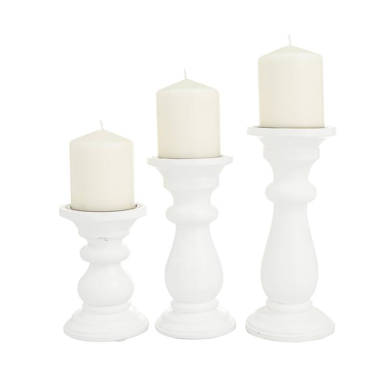 Mango Wood Turned Style Pillar Decorative Candle Holder - Set of 3 Gold, White, Black - Roche River Decor - White - 10", 8", 6"H