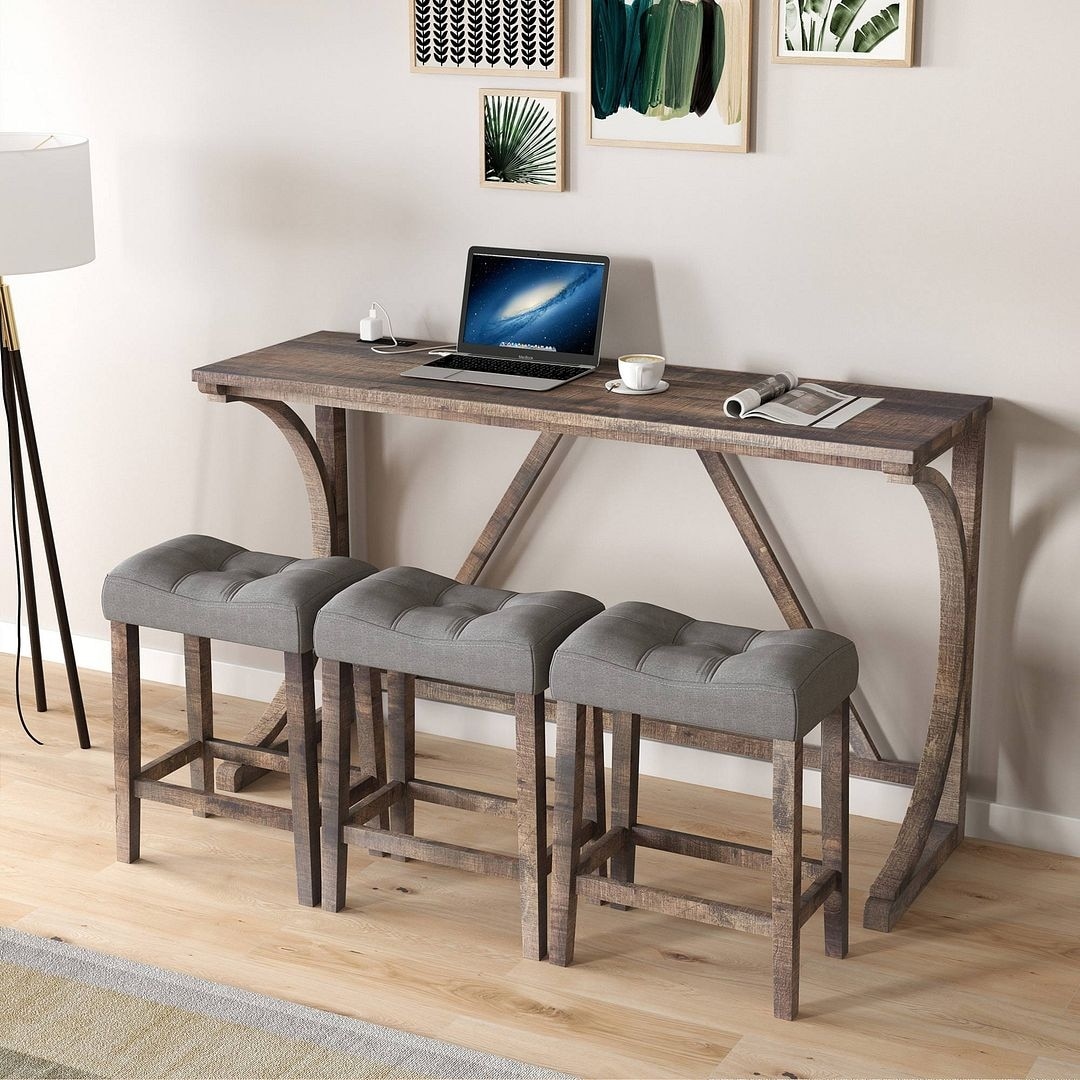 Bar Table Set with Power Outlet, Bar Table and Chairs Set, 4 Piece Dining Table Set, Industrial Breakfast Table Set
