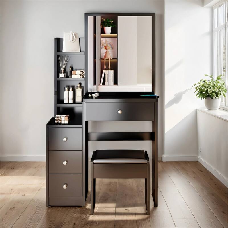 High Capacity Vanity Table with Cushioned Stool and Sliding Mirror