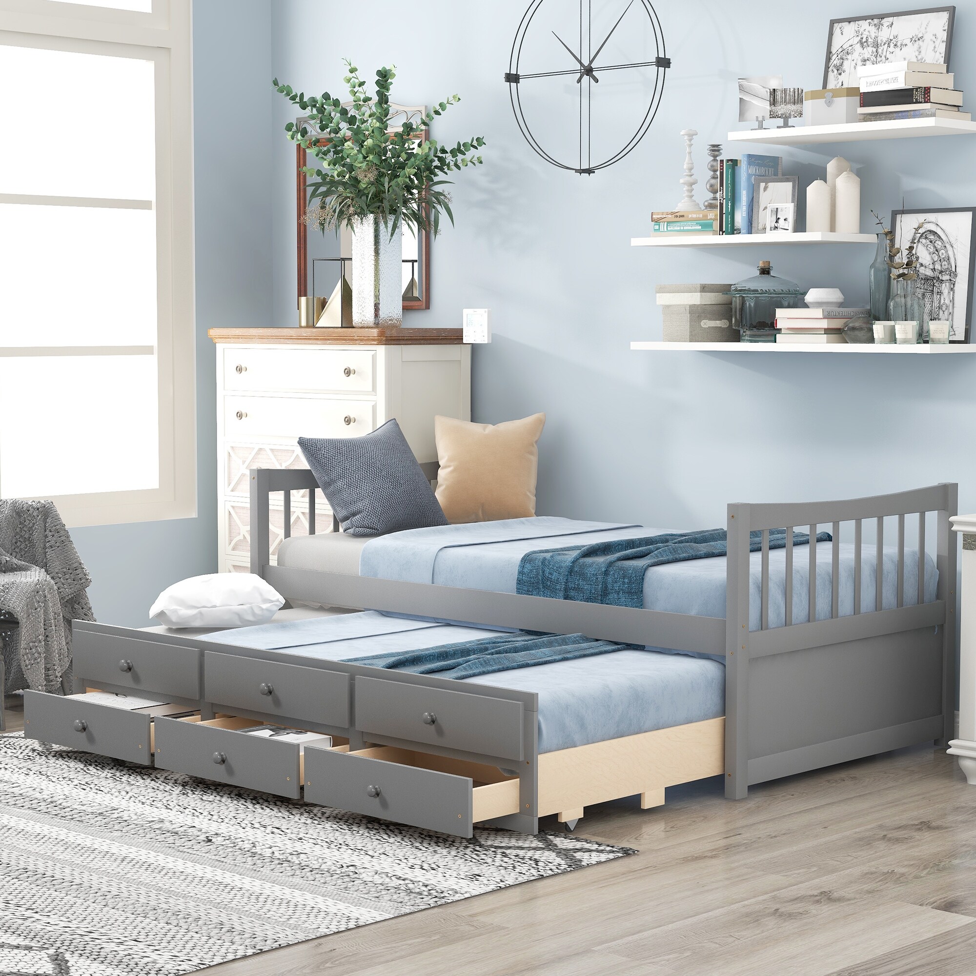Twin size captains bed sales with trundle and storage drawers