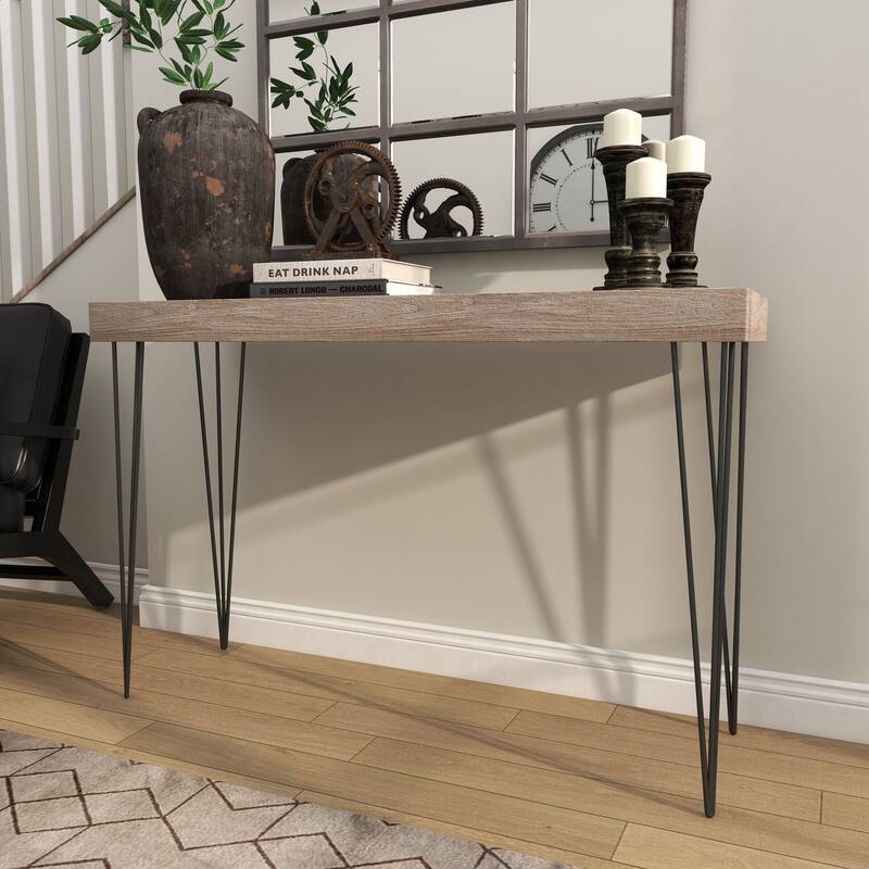 Brown Wood Console Table with Black Metal Hairpin Legs