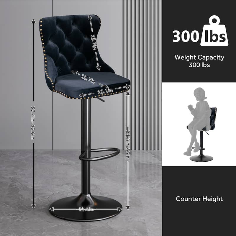 Velvet Adjustable Swivel Counter Height Barstools Set of 2