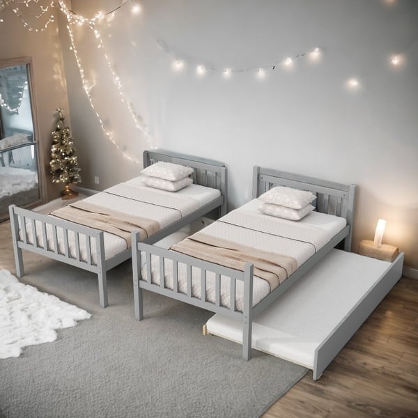 slide 2 of 19, Twin Over Twin Rubber Wood Bunk Bed with Trundle, Convertible into 2 Twin Size Beds,with Ladder and Safety Guardrails Grey
