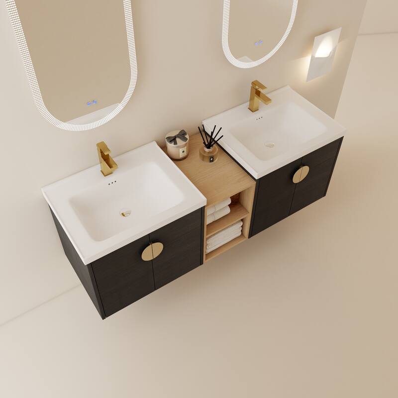 59.6-Inch Wall-Mounted Vanity with Scratch-Resistant Plywood Base and Two Ceramic Basins - 59.6in L